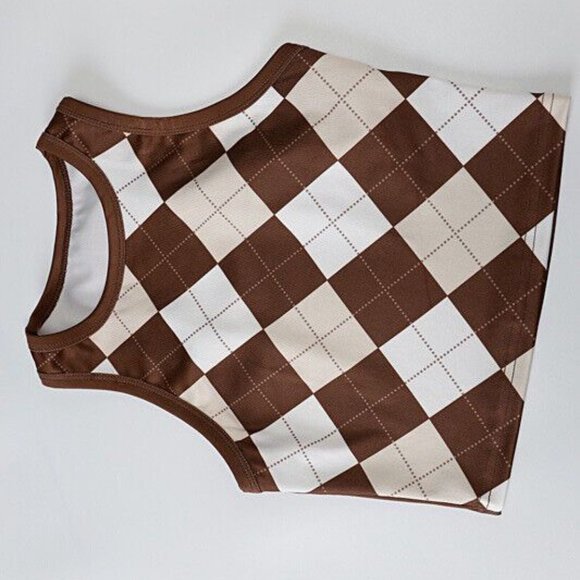 Womens Matching Set Outfit Tank Skirt Mini Size XS Brown Ivory Diamond Stretch - Picture 12 of 16